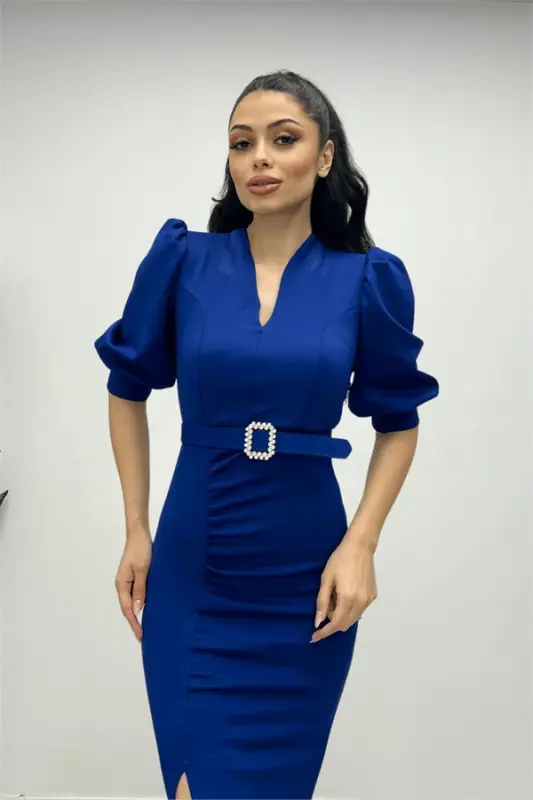 Scuba Fabric Stand-up Collar Dress - SAXE BLUE - BÜYÜKBEDENIZ