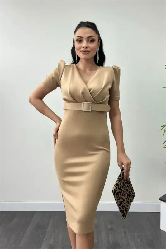 Scuba matodan kamar detalli qalam ko'ylak - BEJ - 3