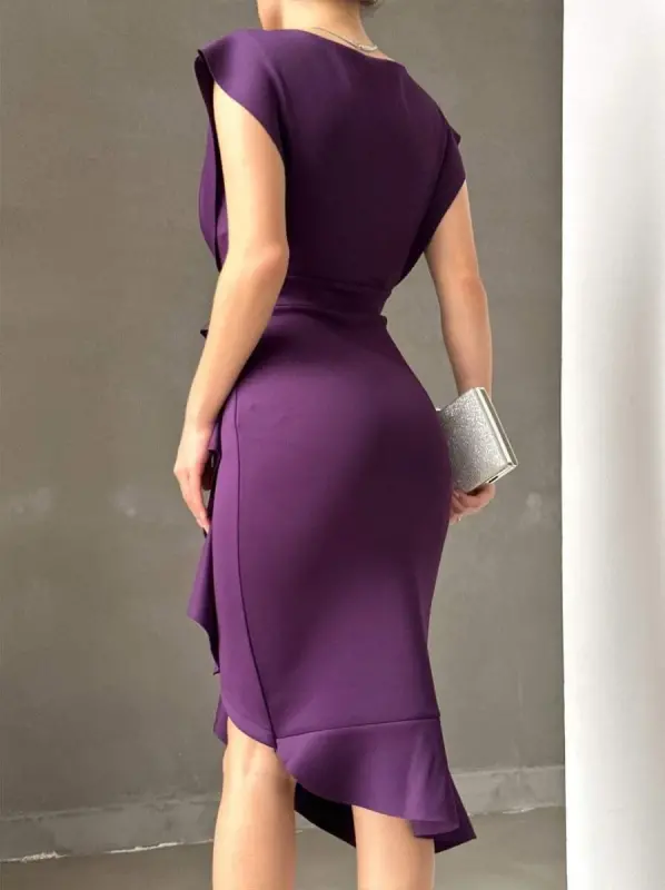 Scuba matosidan oldi ruffleli midi bo'yli ko'ylak - 4