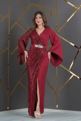 Scuba ZaraPayet Garnili Beli Ithal Yapışma Taşlı V Dekolteli Yırtmaçlı Abiye Elbise-Bordo - 2