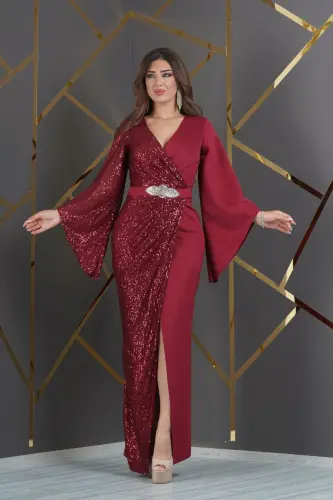 Scuba ZaraPayet Garnili Beli Ithal Yapışma Taşlı V Dekolteli Yırtmaçlı Abiye Elbise-Bordo - 1