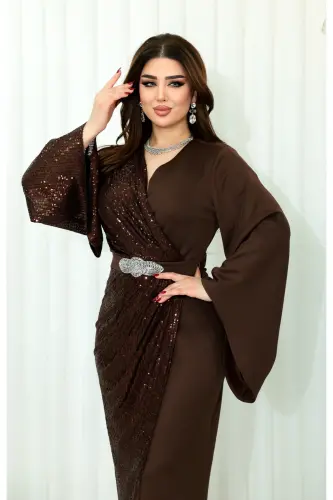 Scuba ZaraPayet Garnili Beli Ithal Yapışma Taşlı V Dekolteli Yırtmaçlı Abiye Elbise-Kahverengi - MATIK ABIYEM (1)