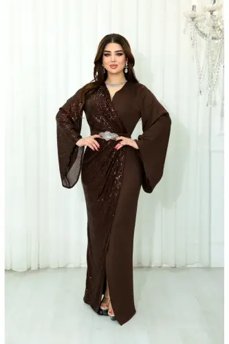 Scuba ZaraPayet Garnili Beli Ithal Yapışma Taşlı V Dekolteli Yırtmaçlı Abiye Elbise-Kahverengi - 1