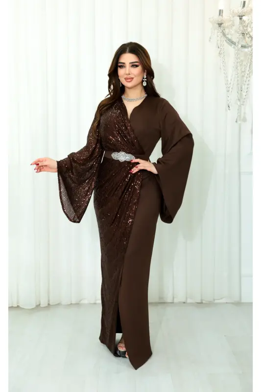 Scuba ZaraPayet Garnili Beli Ithal Yapışma Taşlı V Dekolteli Yırtmaçlı Abiye Elbise-Kahverengi - 3