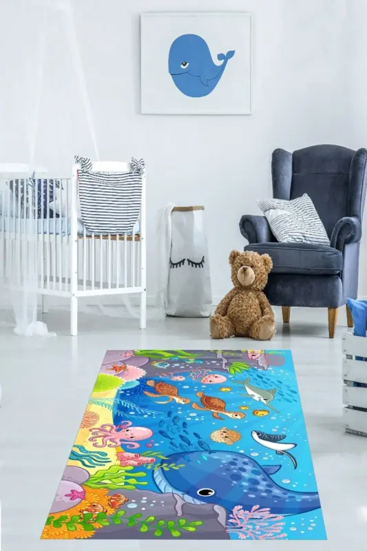 Sea Creatures Patterned Whale Caretta Rug Digital Print Washable Non-Slip Base Kids Room Carpet - Multi-Color - PELANGI