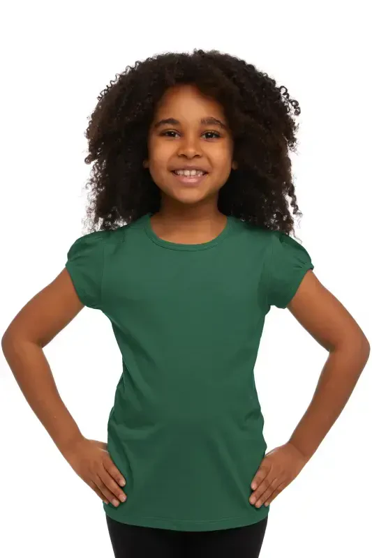 Sea Green Basic Girls' Crew Neck Melon Sleeve T-Shirt - PINE KHAKI - 1