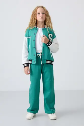 Sea Green Cotton Knitted Hairy Interior Soft Touch Standard Fit Embroidered Girls College Jacket - 75163-Sea green - TOMMY LIFE (1)