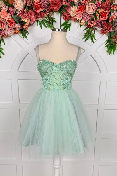 Sea Green Lace Trim Mini Tulle Prom and Evening Dress - 1
