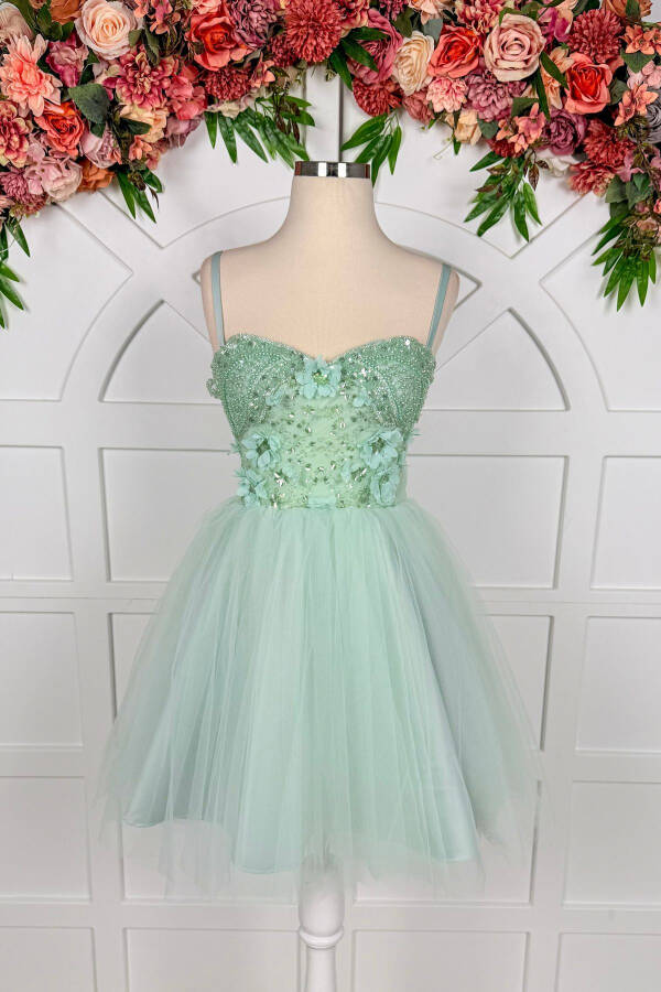 Sea Green Lace Trim Mini Tulle Prom and Evening Dress - 1