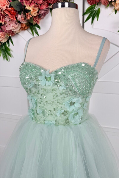 Sea Green Lace Trim Mini Tulle Prom and Evening Dress - 2
