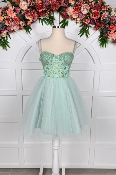 Sea Green Lace Trim Mini Tulle Prom and Evening Dress - 3