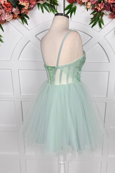 Sea Green Lace Trim Mini Tulle Prom and Evening Dress - 4