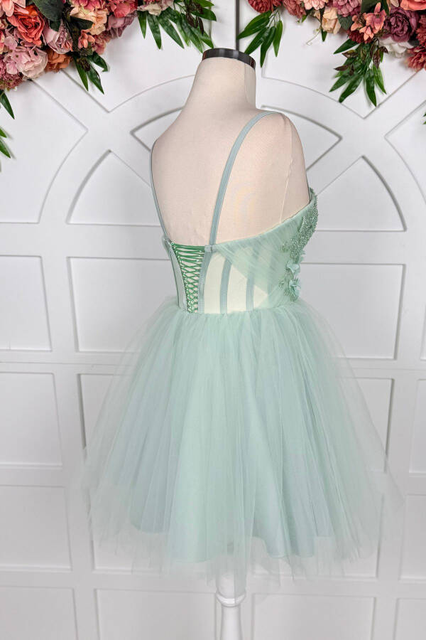 Sea Green Lace Trim Mini Tulle Prom and Evening Dress - 4