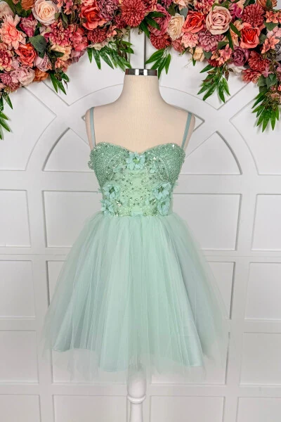 Sea Green Lace Trim Mini Tulle Prom and Evening Dress - Modazone