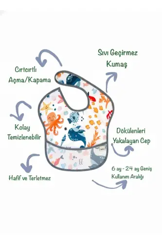Sea World, 6-24 Ay Boyundan Cırtlı, Su Geçirmez, Cepli, Makinada Yıkanabilir, Bebek Mama Önlüğü - YORNI (1)