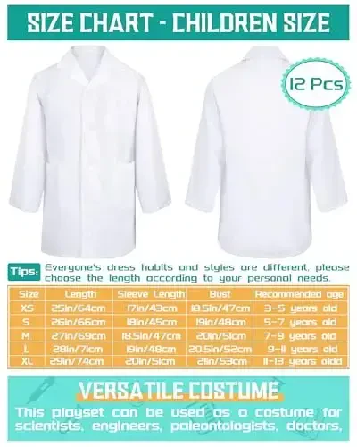 Seajan 12 Pcs Unisex Kids Lab Coat Bulk Soft Kids Scrubs White Doctor Coat Scientist Halloween Costume for Boys and Girls(S Size) - SEAJAN (1)