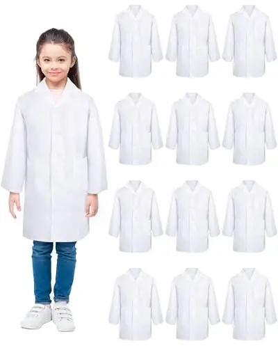 Seajan 12 Pcs Unisex Kids Lab Coat Bulk Soft Kids Scrubs White Doctor Coat Scientist Halloween Costume for Boys and Girls(S Size) - SEAJAN