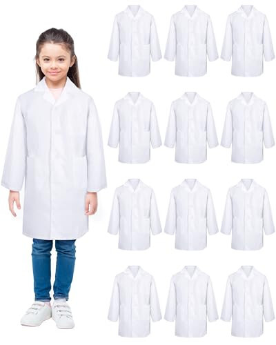 Seajan 12 Pcs Unisex Kids Lab Coat Bulk Soft Kids Scrubs White Doctor Coat Scientist Halloween Costume for Boys and Girls (M Size) - 3