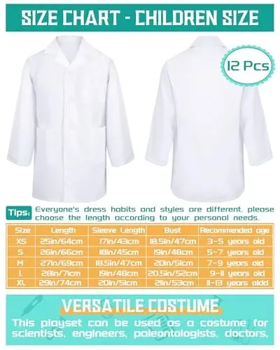 Seajan 12 Pcs Unisex Kids Lab Coat Bulk Soft Kids Scrubs White Doctor Coat Scientist Halloween Costume for Boys and Girls (XS Size) - SEAJAN (1)