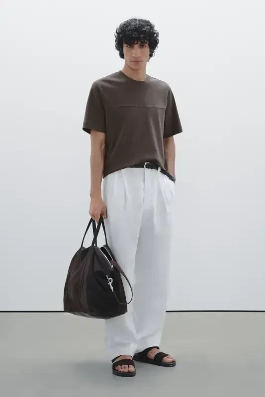 Seam detailed %100 cotton t-shirt-Chocolate brown - MASSIMO DUTTI