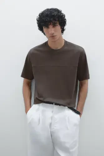 Seam detailed %100 cotton t-shirt-Chocolate brown - MASSIMO DUTTI (1)
