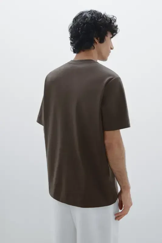 Seam detailed %100 cotton t-shirt-Chocolate brown - 4