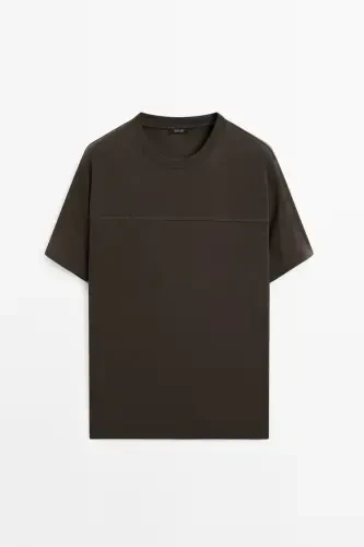 Seam detailed %100 cotton t-shirt-Chocolate brown - 5