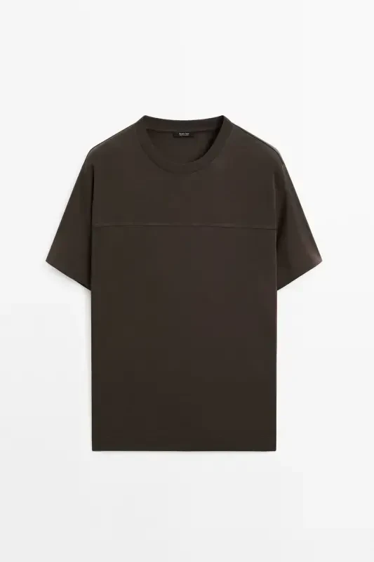Seam detailed %100 cotton t-shirt-Chocolate brown - 5