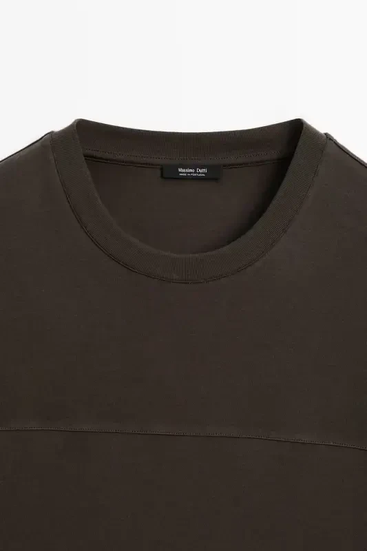 Seam detailed %100 cotton t-shirt-Chocolate brown - 6