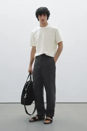 Seam detailed 100% cotton t-shirt-Cream - 3