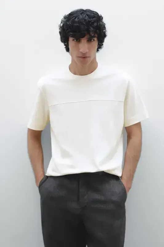 Seam detailed 100% cotton t-shirt-Cream - 4