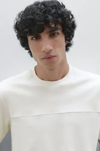 Seam detailed 100% cotton t-shirt-Cream - 5