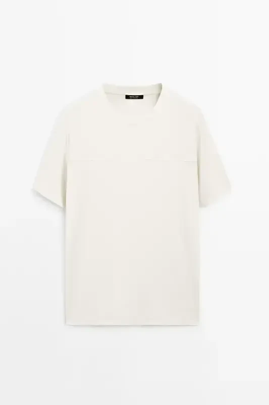 Seam detailed 100% cotton t-shirt-Cream - 7