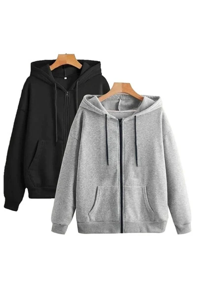 Seasonal Black and Grey Zip-Up Fleece Hoodie Jacket 2-Pack - JOOY COMPANY