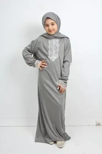 Seasonal Girls' Medium-Sized Elegant Prayer Dress, Young Abaya, Non-Sweating Prayer Outfit-GRAY - KUTAY COLLECTION (1)