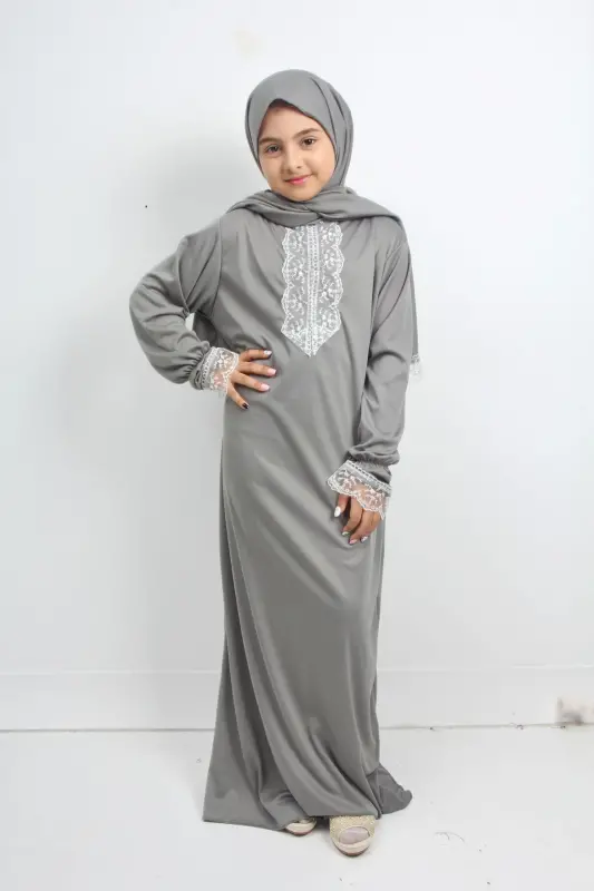 Seasonal Girls' Medium-Sized Elegant Prayer Dress, Young Abaya, Non-Sweating Prayer Outfit-GRAY - 2