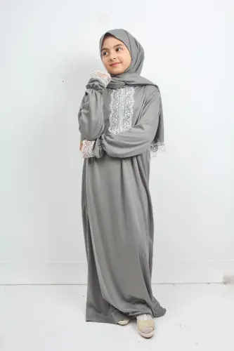 Seasonal Girls' Medium-Sized Elegant Prayer Dress, Young Abaya, Non-Sweating Prayer Outfit-GRAY - 4