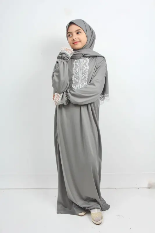 Seasonal Girls' Medium-Sized Elegant Prayer Dress, Young Abaya, Non-Sweating Prayer Outfit-GRAY - 4