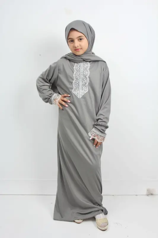 Seasonal Girls' Medium-Sized Elegant Prayer Dress, Young Abaya, Non-Sweating Prayer Outfit-GRAY - 5