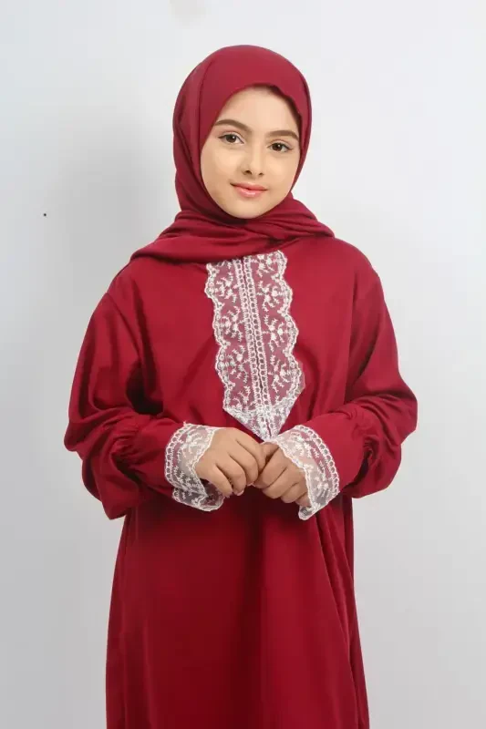 Seasonal Girl's Medium-Sized Elegant Prayer Dress, Young Abaya, Non-Sweating Prayer Outfit-RED - 1