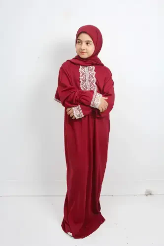 Seasonal Girl's Medium-Sized Elegant Prayer Dress, Young Abaya, Non-Sweating Prayer Outfit-RED - KUTAY COLLECTION (1)