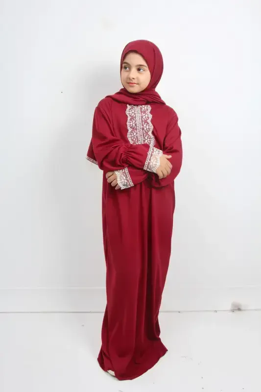 Seasonal Girl's Medium-Sized Elegant Prayer Dress, Young Abaya, Non-Sweating Prayer Outfit-RED - 2
