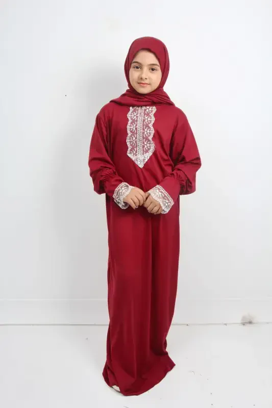 Seasonal Girl's Medium-Sized Elegant Prayer Dress, Young Abaya, Non-Sweating Prayer Outfit-RED - 3