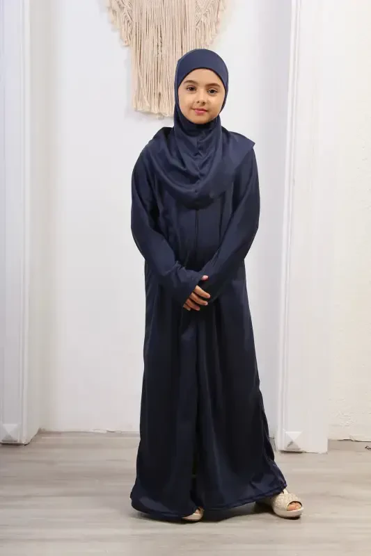 Seasonal Kids Prayer Dress, Young Abaya, Non-Sweating Prayer Outfit-navy blue - 1