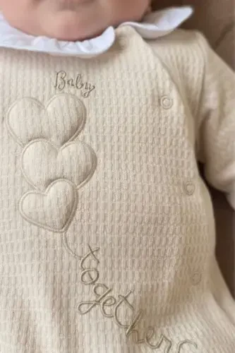 Seasonal Long Sleeve Baby Collar 100% Cotton Snap Fastener Baby Girl Footed Romper 3-9 Months-BEIGE - MINIPODYUM (1)