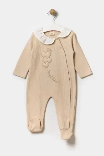 Seasonal Long Sleeve Baby Collar 100% Cotton Snap Fastener Baby Girl Footed Romper 3-9 Months-BEIGE - 3