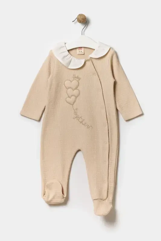 Seasonal Long Sleeve Baby Collar 100% Cotton Snap Fastener Baby Girl Footed Romper 3-9 Months-BEIGE - 3
