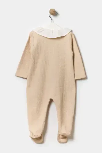 Seasonal Long Sleeve Baby Collar 100% Cotton Snap Fastener Baby Girl Footed Romper 3-9 Months-BEIGE - 4