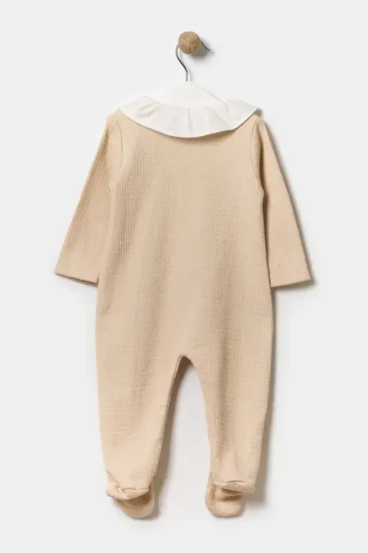 Seasonal Long Sleeve Baby Collar 100% Cotton Snap Fastener Baby Girl Footed Romper 3-9 Months-BEIGE - 4