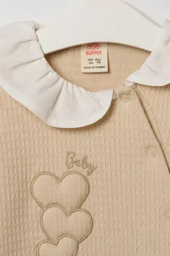 Seasonal Long Sleeve Baby Collar 100% Cotton Snap Fastener Baby Girl Footed Romper 3-9 Months-BEIGE - 7